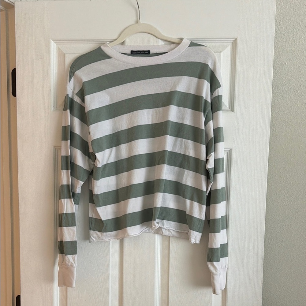 Brandy Melville Sage Green and White Striped Long Sleeve